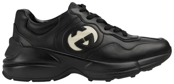 Gucci Rhyton Sneaker 'Black Ivory' for Women, black leather upper, ivory accents, chunky sole, luxury design.
