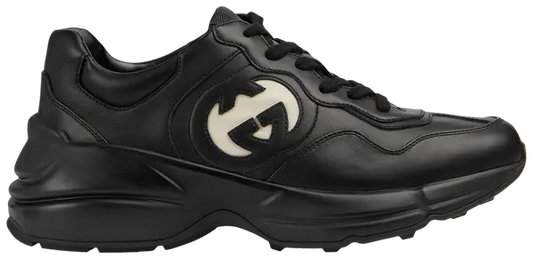 Gucci Rhyton Sneaker 'Black Ivory' for Women, black leather upper, ivory accents, chunky sole, luxury design.
