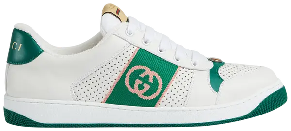 White and green Gucci Screener sneakers with interlocking G logo and leather accents for men.