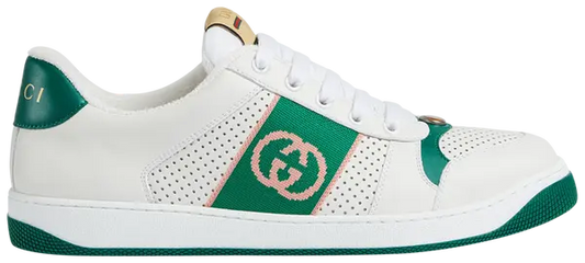 White and green Gucci Screener sneakers with interlocking G logo and leather accents for men.