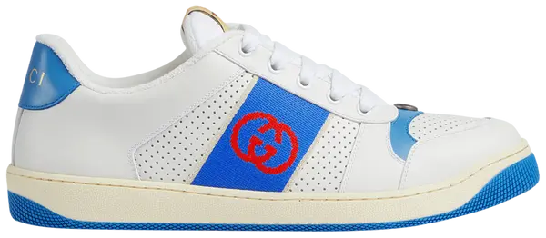 Gucci Screener 'Interlocking G - White Blue' Sneakers for Men featuring white leather, blue accents, and vintage athletic design.
