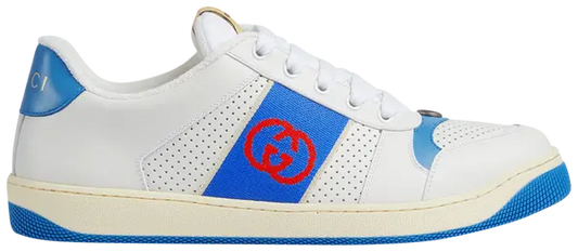 Gucci Screener 'Interlocking G - White Blue' Sneakers for Men featuring white leather, blue accents, and vintage athletic design.