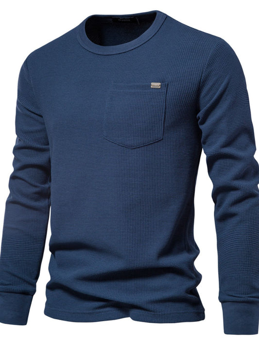 Men's waffle-knit round neck t-shirt in navy blue with long sleeves.