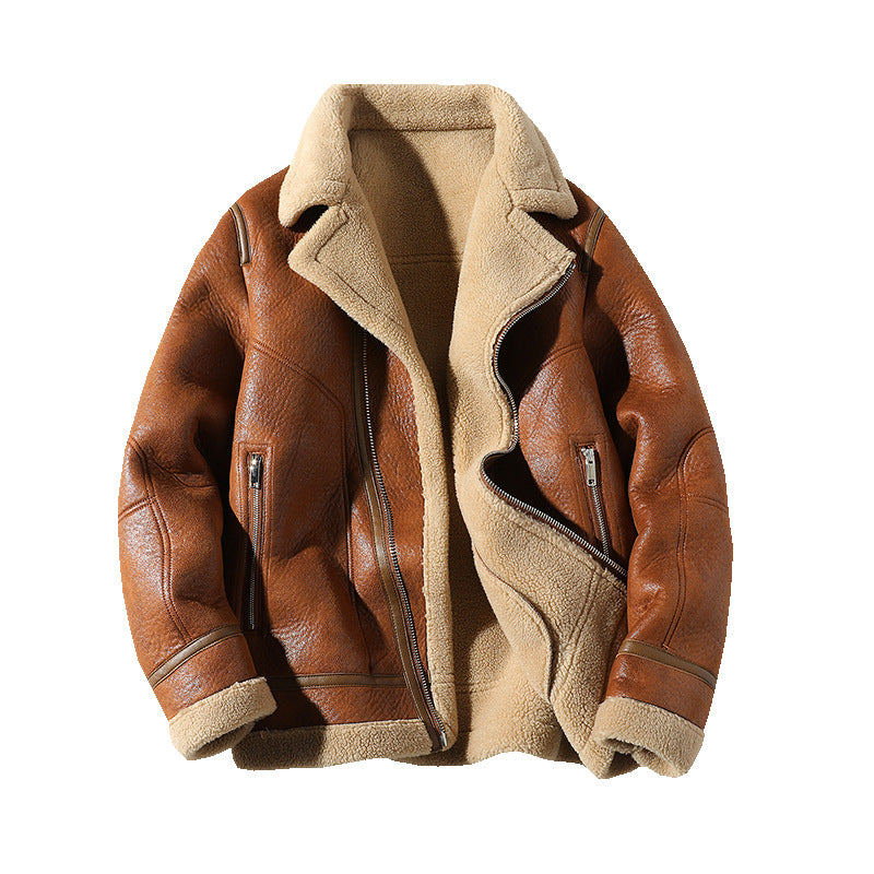 Women's Camel Fleece-Lined Padded Lapel PU Leather Plus Size Coat