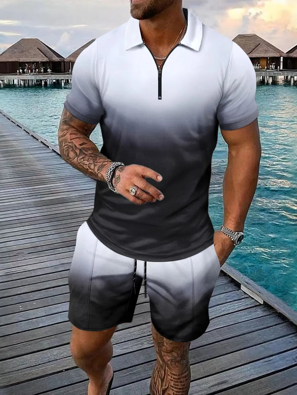 Men's gradient collared neck top and shorts set, plus size, featuring pocketed drawstring design, slightly stretchy polyester material.