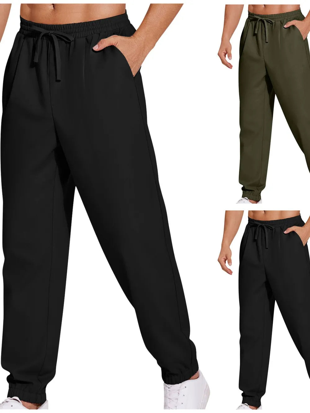 Men's plus size drawstring joggers in black and olive green, 100% polyester.