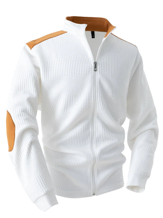 Men's full size zip-up long sleeve top, white with brown accents, plus size.
