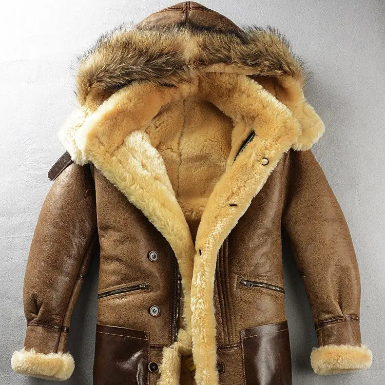 Light Brown Shearling Leather Coat With Multiple Pockets, Thick Fur Lined Winter Coat - MENLL