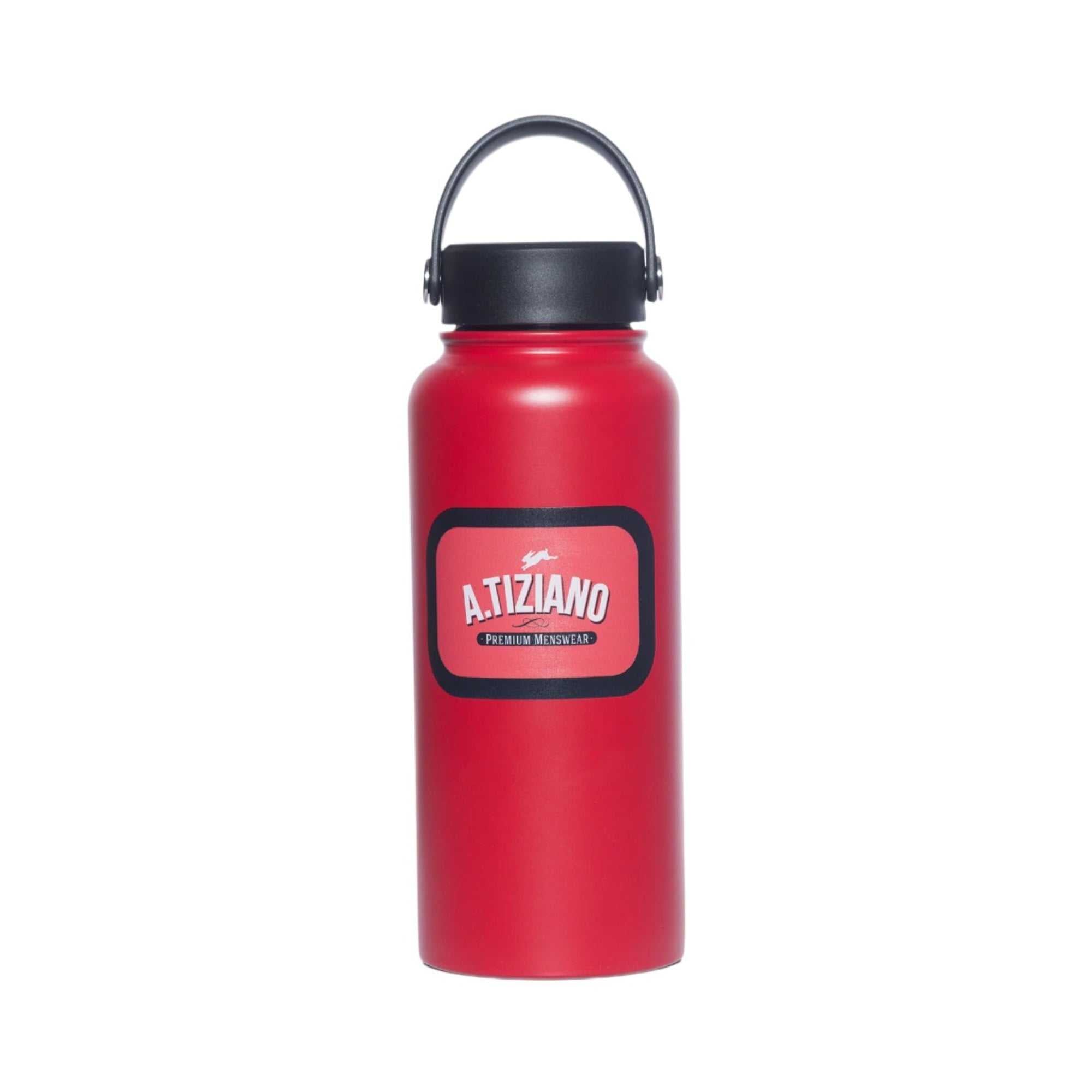 Red A. Tiziano 32oz insulated water bottle with AT logo and movable handle.