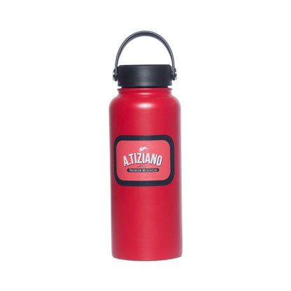 Red A. Tiziano 32oz insulated water bottle with AT logo and movable handle.