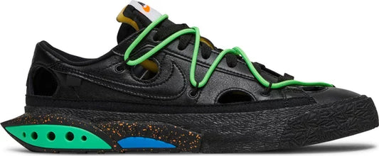 Blazer Low x Off-White black and electro green sneakers, featuring unique TPU heel, accented over lace, and DIY design elements.
