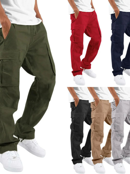 Men's plus size straight multi-pocket cargo pants in assorted colors, featuring a basic style with multiple pockets.