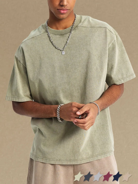 Men's round neck half sleeve t-shirt in light green, slightly stretchy 100% cotton material.