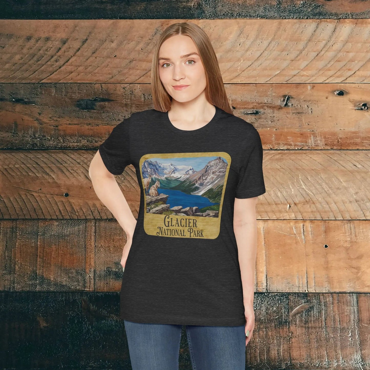 Glacier National Park Unisex Fit Short Sleeve T-Shirt Wood Sign Park Service Apparel