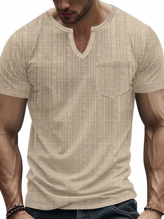 Men's full size notched short sleeve T-shirt, basic style, slightly stretchy, polyester fabric.