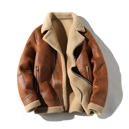 Women's Camel Fleece-Lined Padded Lapel PU Leather Plus Size Coat