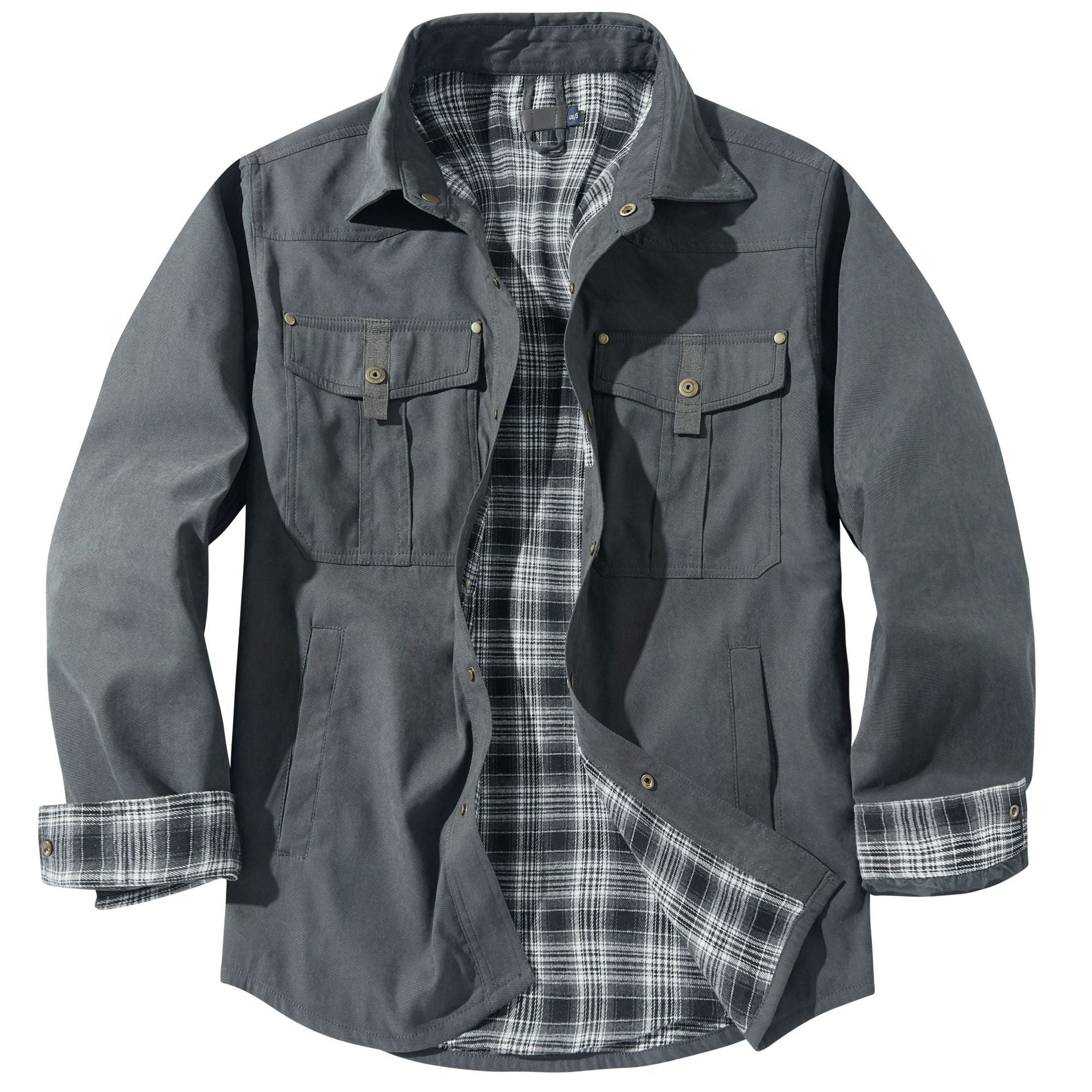 Men's Lapel Plaid Flannel Casual Retro Western Style Jacket In Gray, Black, Khaki And Blue Sizes S To XXL by MENLL
