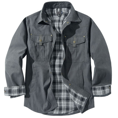Men's Lapel Plaid Flannel Casual Retro Western Style Jacket In Gray, Black, Khaki And Blue Sizes S To XXL by MENLL