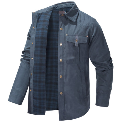Men's Lapel Plaid Flannel Casual Retro Western Style Jacket In Gray, Black, Khaki And Blue Sizes S To XXL by MENLL