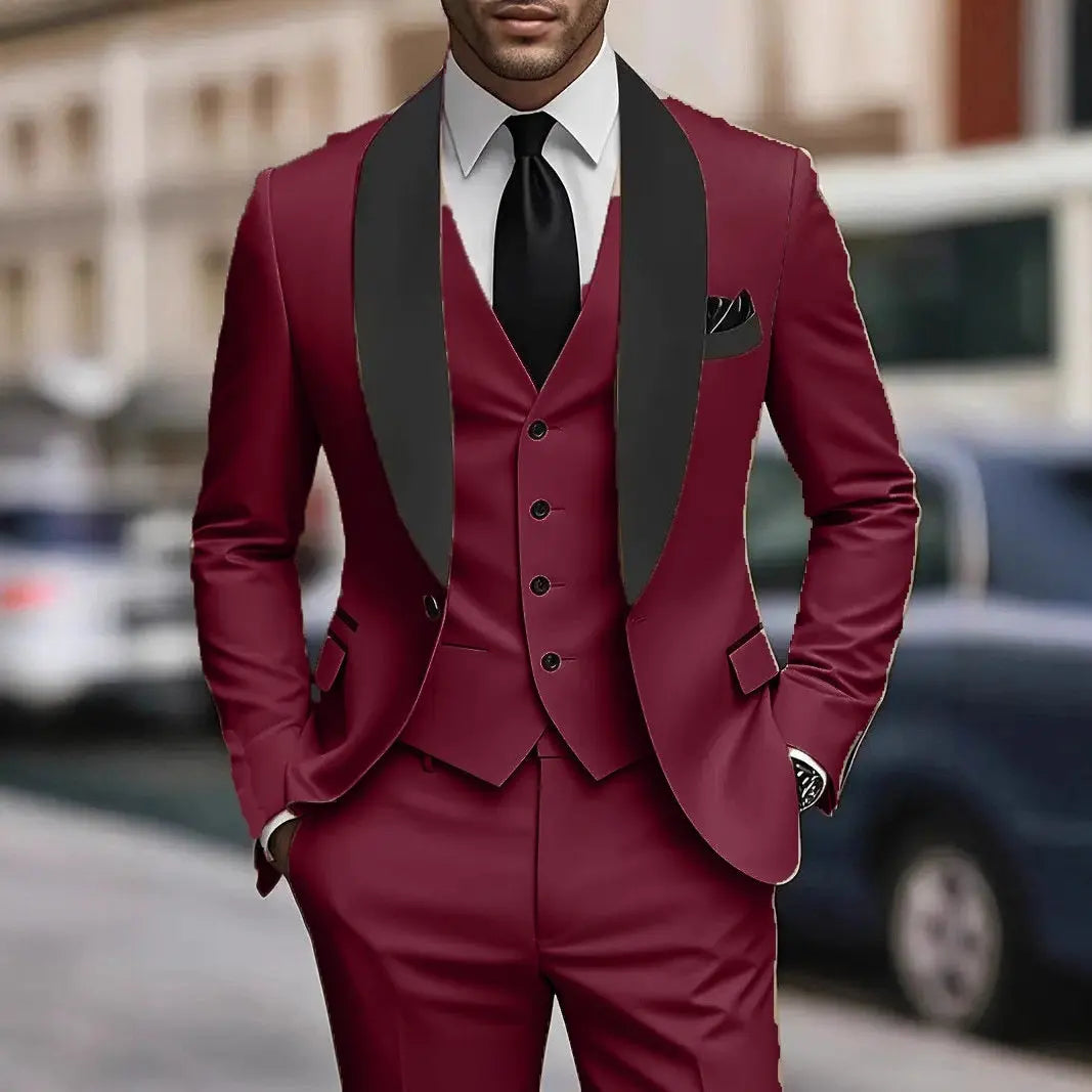 Mens Three Piece Suit Slim Fit Korean Style For Business Casual Polyester Black Navy Gray White - MENLL