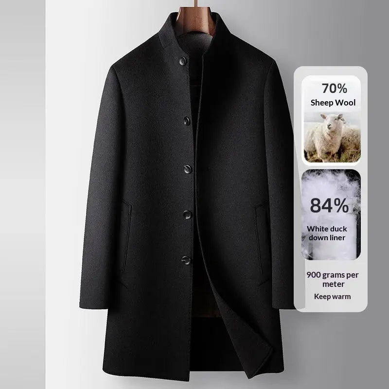 Men's Handmade Wool Coat With Stand Collar, Slim Fit, Extra Thick Warmth for Young Adults - MENLL