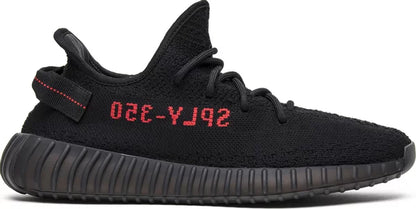 adidas Yeezy Boost 350 V2 Bred sneakers with black Primeknit upper, red SPLY-350 branding, and Boost sole.