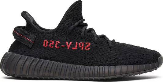 adidas Yeezy Boost 350 V2 Bred sneakers with black Primeknit upper, red SPLY-350 branding, and Boost sole.