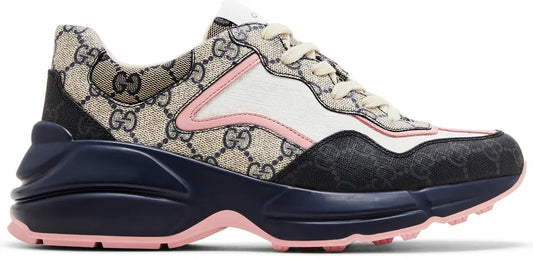 Gucci Rhyton Sneaker in beige and blue monogram design with chunky sole for women.