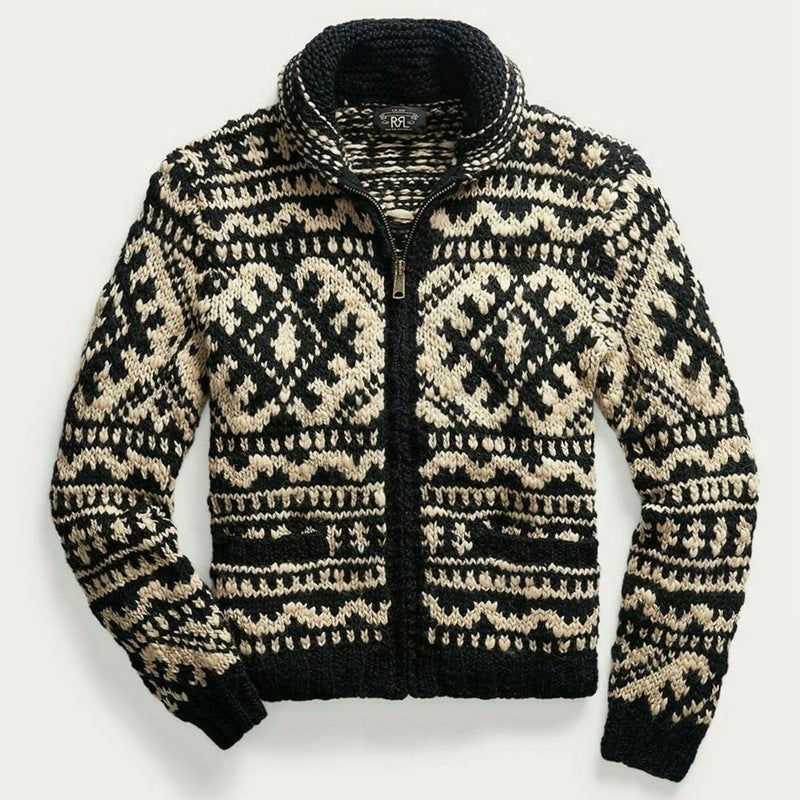 Men's Jacquard Knit Jacket Lapel Long Sleeve Jacket Sweater