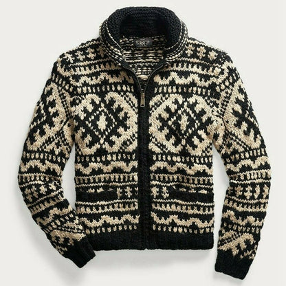 Men's Jacquard Knit Jacket Lapel Long Sleeve Jacket Sweater