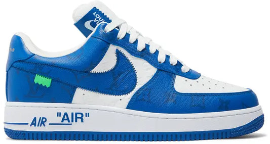Louis Vuitton x Air Force 1 Low 'White Team Royal' sneakers featuring blue and white leather with monogram print detail.