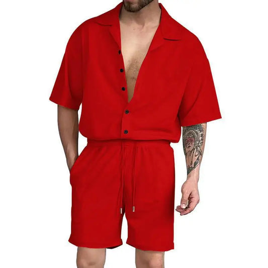 Cardigan casual beach shorts set in red with notched collar and drawstring waist, ideal for summer wear.