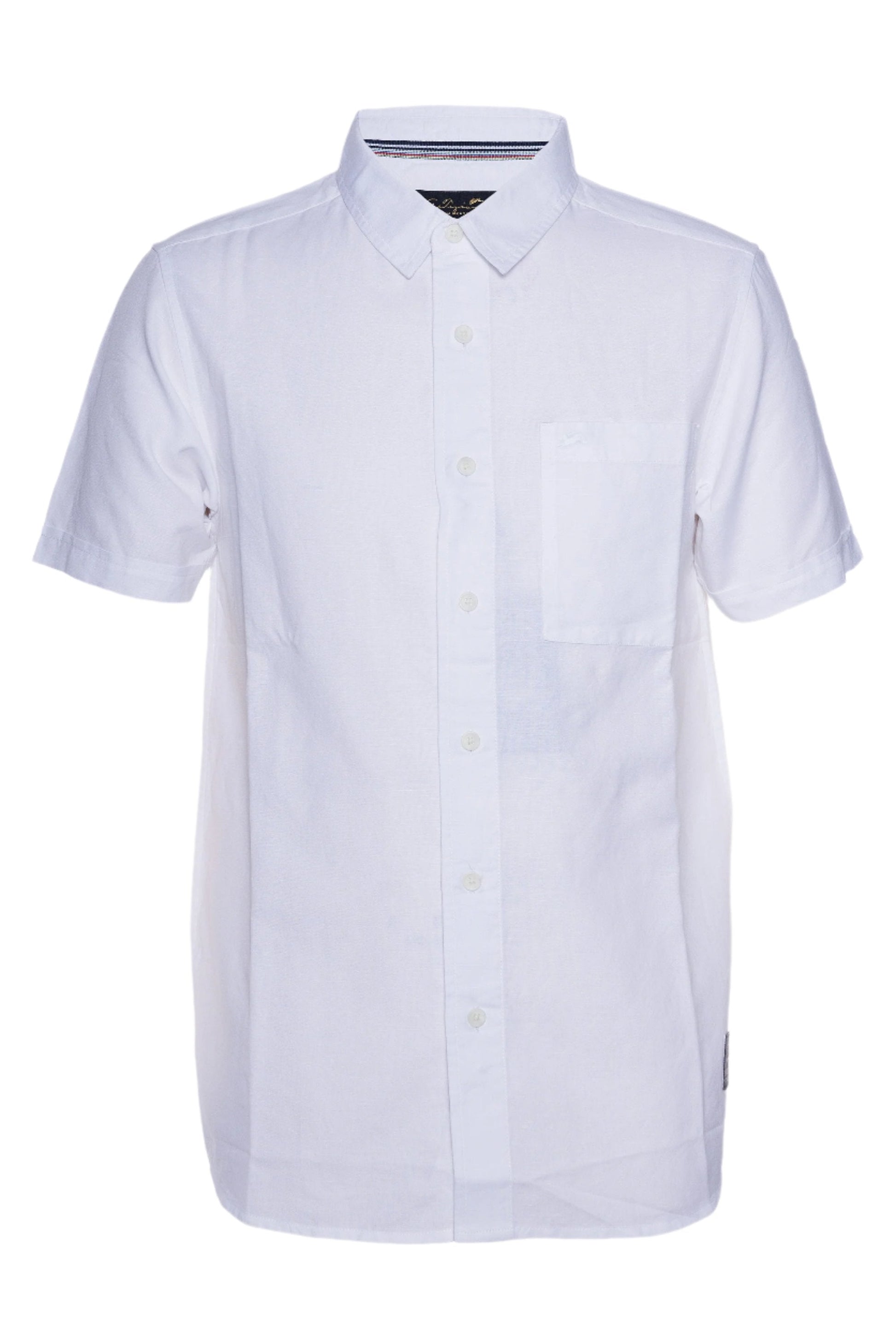 Arbor Solid Cotton Linen Shirt with short sleeves and signature embroidery.