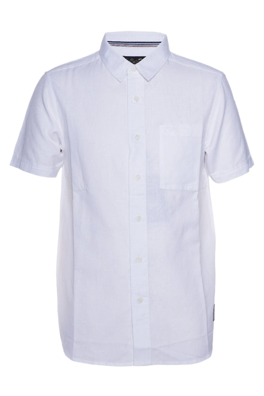 Arbor Solid Cotton Linen Shirt with short sleeves and signature embroidery.