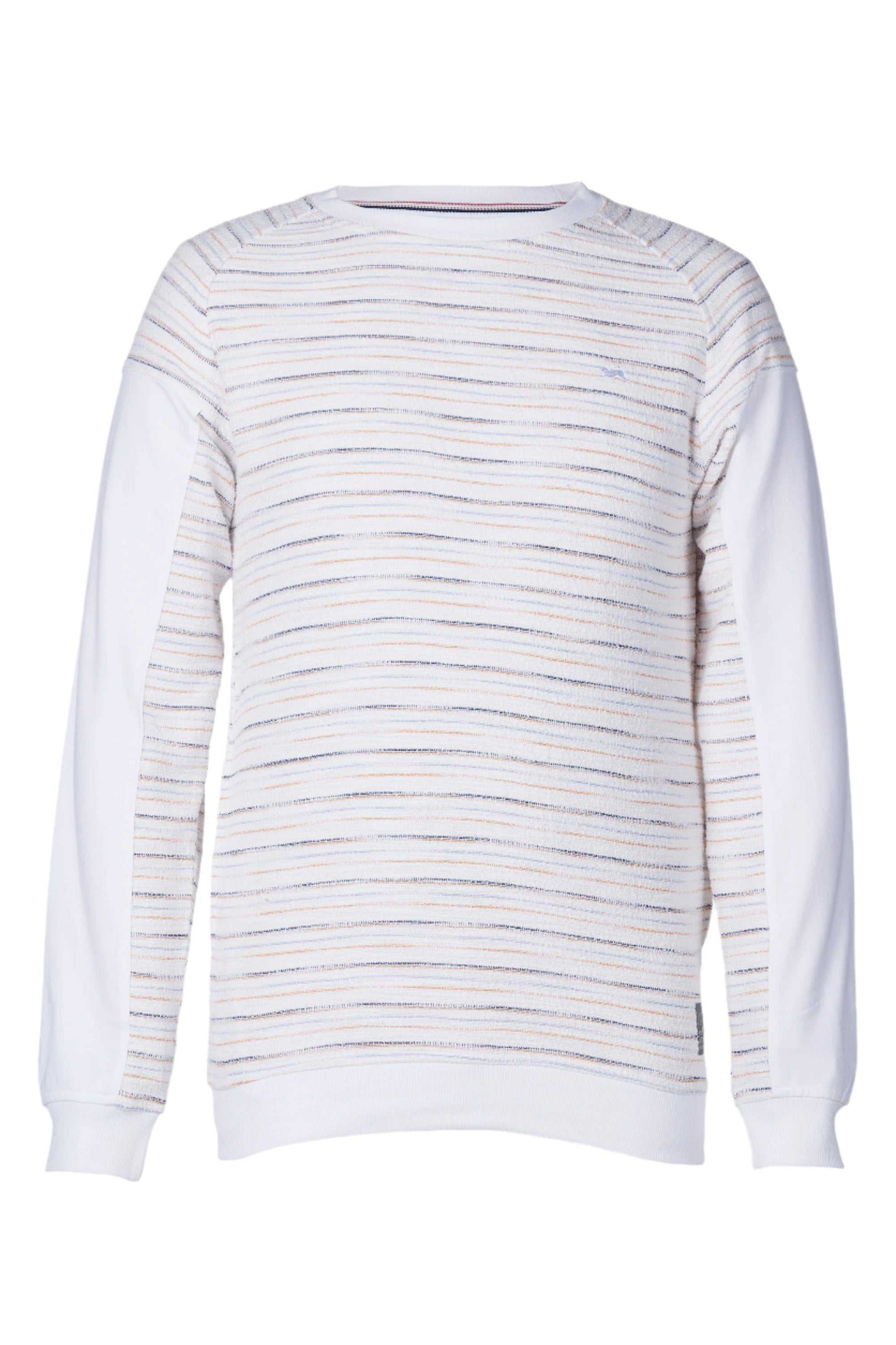 Austin Men's Fancy Knit Crewneck with boucle knit, French terry panels, rabbit embroidery, and authenticity label.