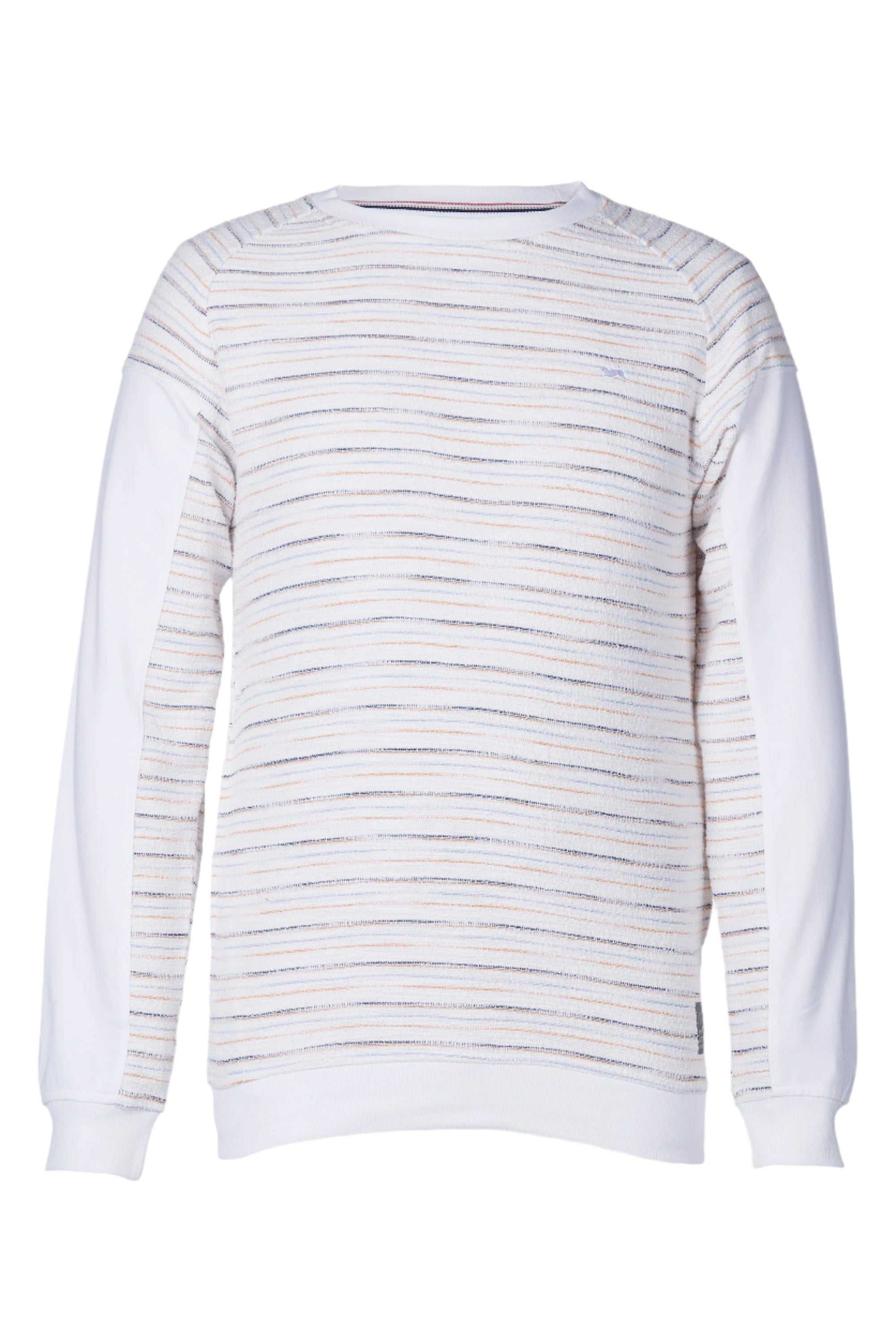 Austin Men's Fancy Knit Crewneck with boucle knit, French terry panels, rabbit embroidery, and authenticity label.