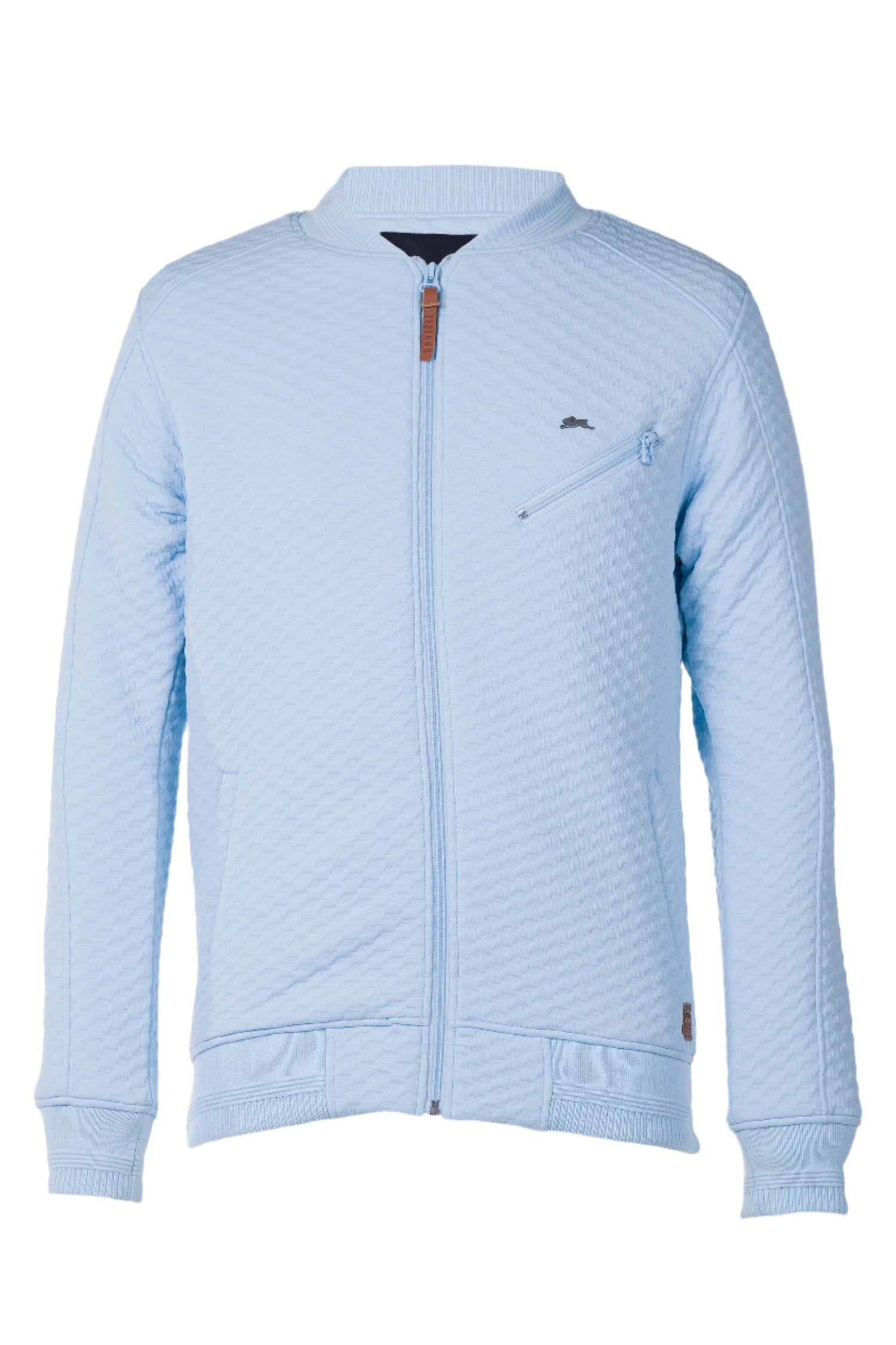 Bruce Men's Jacquard Knit Jacket in light blue with zip pockets and metal rabbit pin.