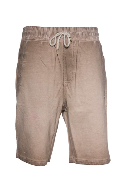 Men's French terry shorts with cold dye effect, elastic waistband, drawcords, and multiple pockets.