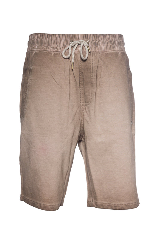 Men's French terry shorts with cold dye effect, elastic waistband, drawcords, and multiple pockets.