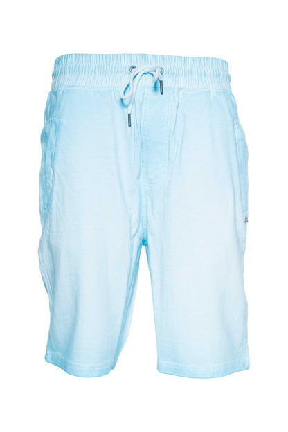 Light blue knit short with ribbed elastic waistband, drawcords, French Terry fabric, and welt pockets.