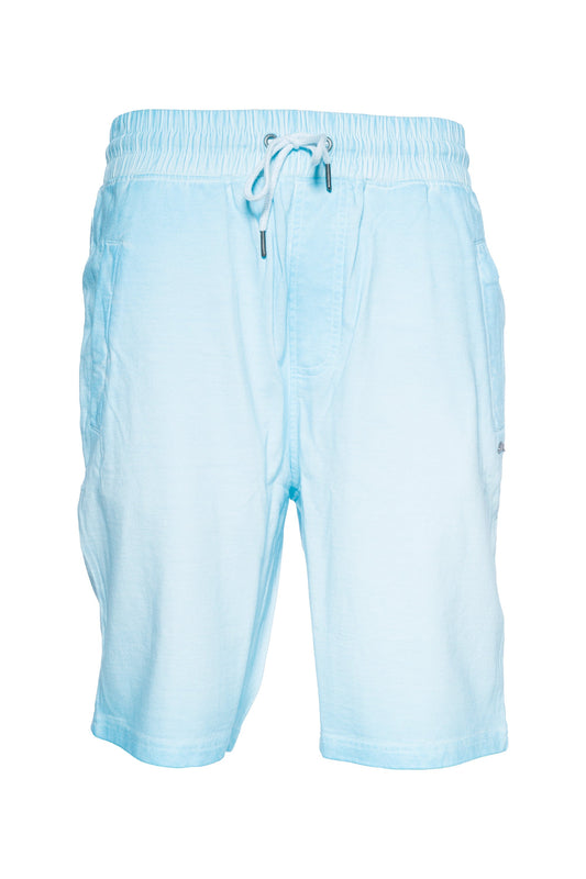 Light blue knit short with ribbed elastic waistband, drawcords, French Terry fabric, and welt pockets.