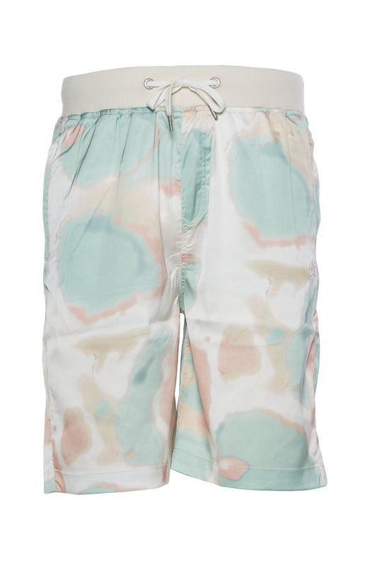 Printed satin shorts with graphic design, featuring back pockets, metal aglets, embroidered rabbit patch, and ribbed waistband.