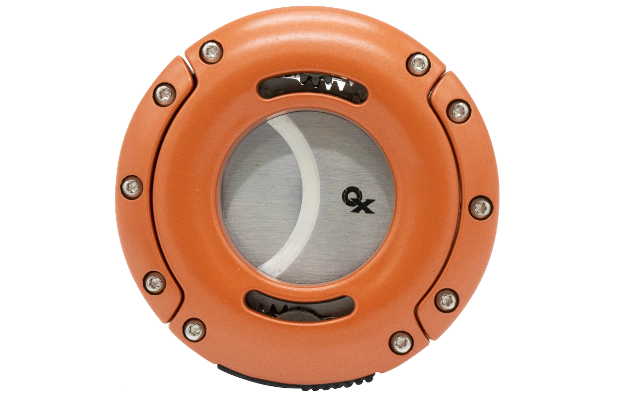 XIKAR® XO Stainless Steel Cigar Cutter in Chopper Orange with synchronized double guillotine blades.