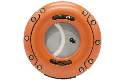 XIKAR® XO Stainless Steel Cigar Cutter in Chopper Orange with synchronized double guillotine blades.