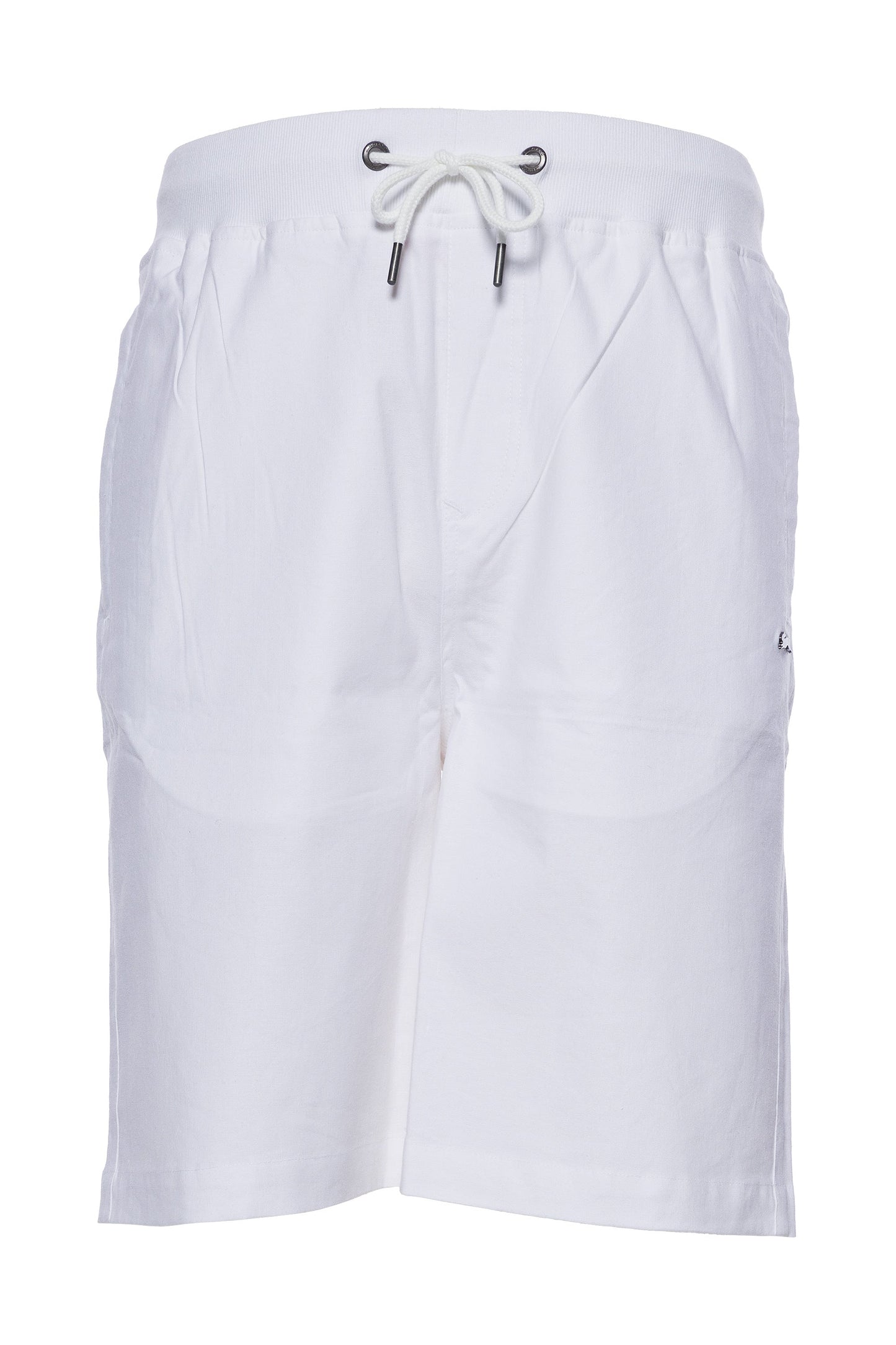 White linen shorts with elastic waistband, drawcord, zipper pocket, and embroidered rabbit detail.