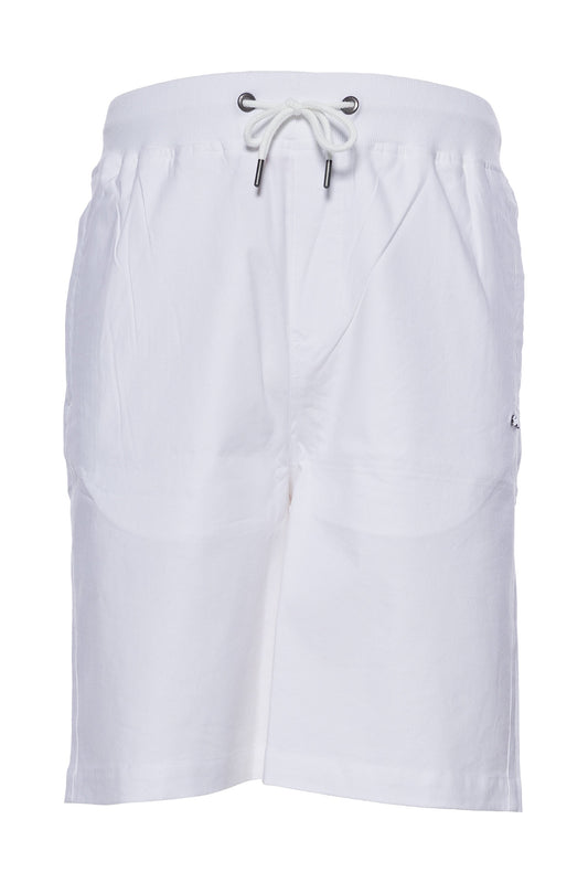 White linen shorts with elastic waistband, drawcord, zipper pocket, and embroidered rabbit detail.