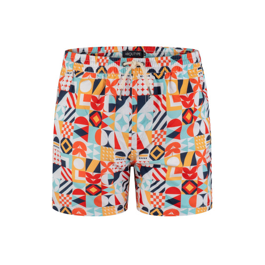 Bridgetown Swim Shorts with vibrant Caribbean-inspired geometric patterns, featuring elasticated waistband and back pocket.