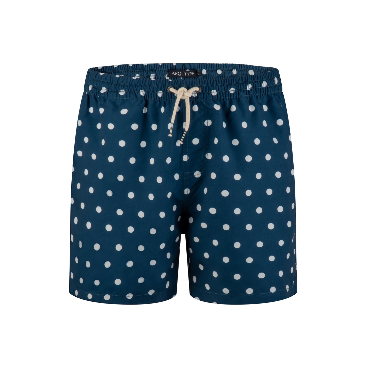 Santa Monica Swim Shorts with white polka dots, featuring elastic waistband and drawstring.