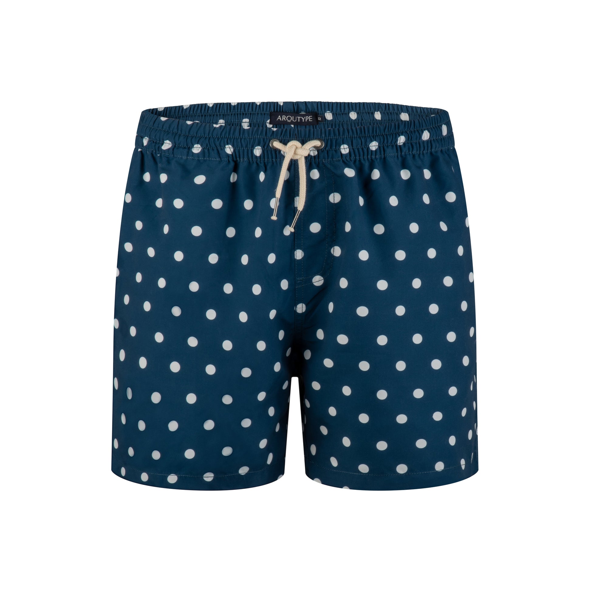 Santa Monica Swim Shorts with white polka dots, featuring elastic waistband and drawstring.