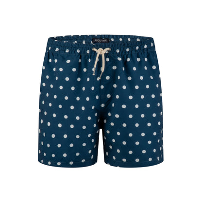 Santa Monica Swim Shorts with white polka dots, featuring elastic waistband and drawstring.